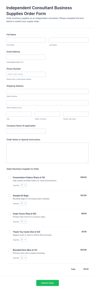 Independent Consultant Business Supplies Order Form Template
