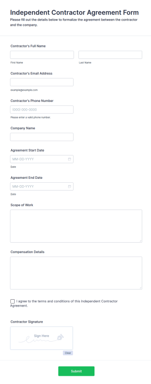 Independent Contractor Agreement Form Template