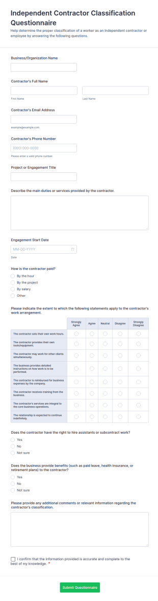 Independent Contractor Classification Questionnaire Form Template