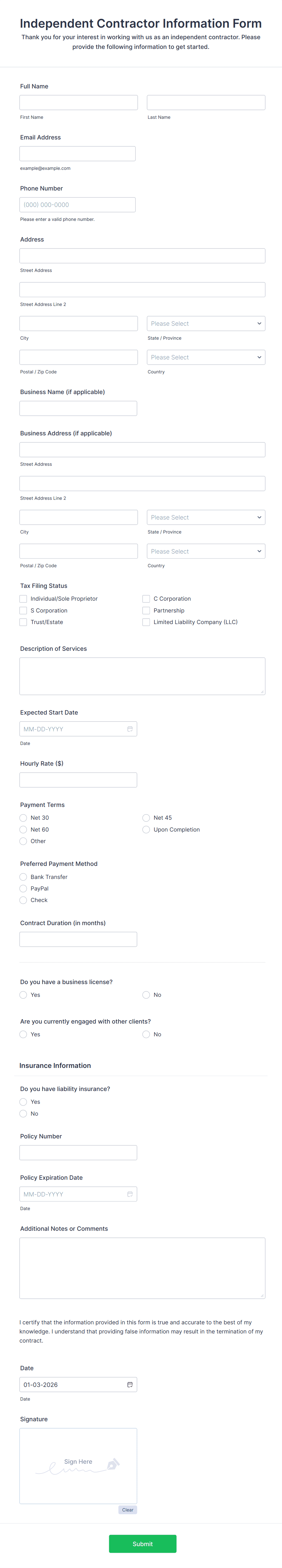 Independent Contractor Information Form Template | Jotform