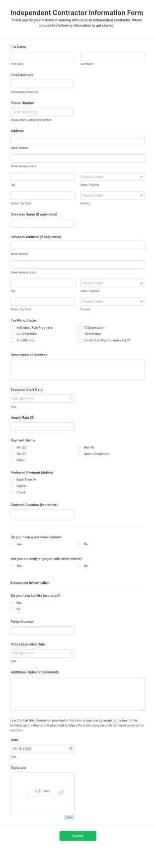 Independent Contractor Information Form Template
