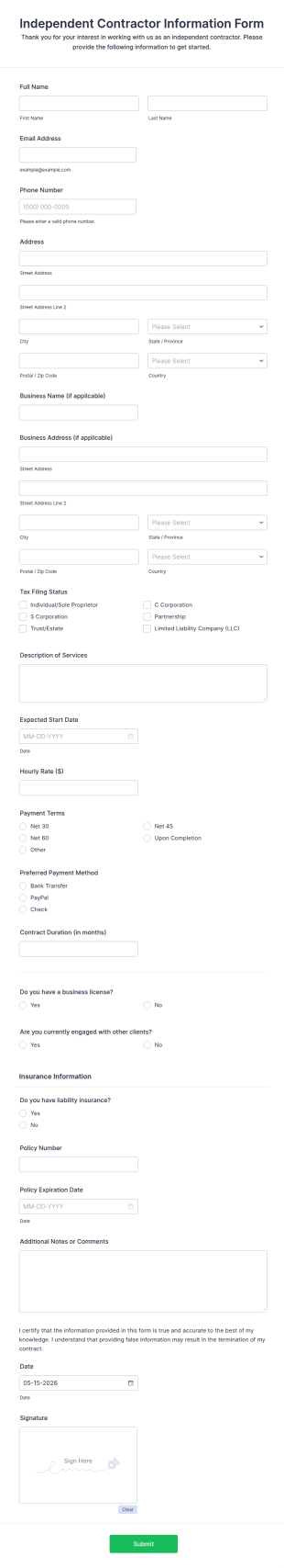 Independent Contractor Information Form Template