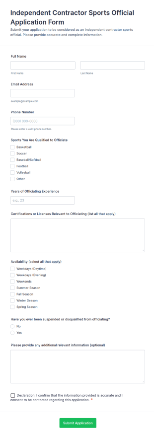 Independent Contractor Sports Official Application Form Template