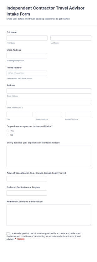 Independent Contractor Travel Advisor Intake Form Template