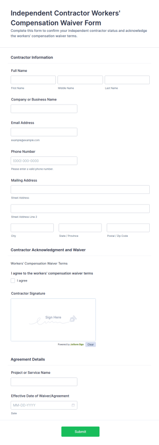 Independent Contractor Workers' Compensation Waiver Form Template