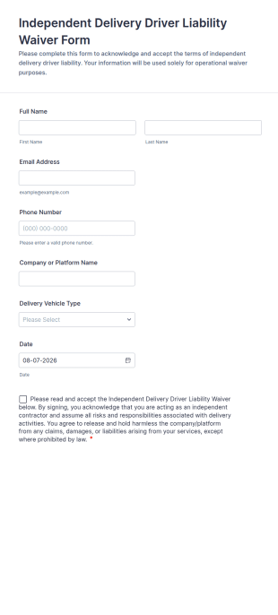 Independent Delivery Driver Liability Waiver Form Template