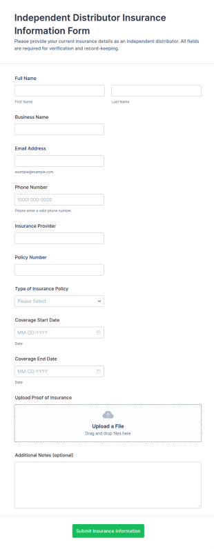 Independent Distributor Insurance Information Form Template