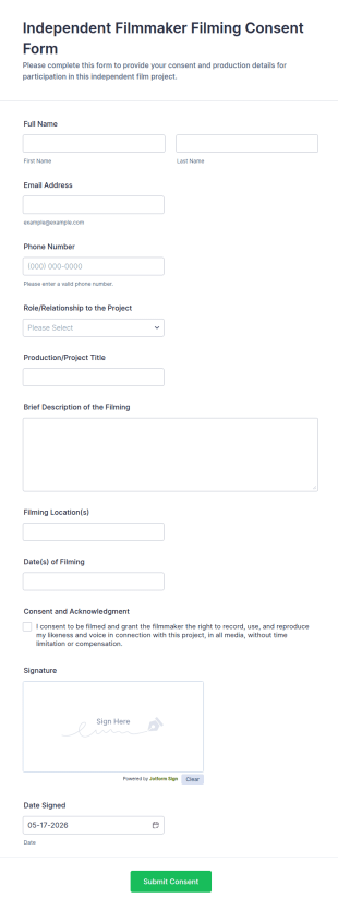 Independent Filmmaker Filming Consent Form Template