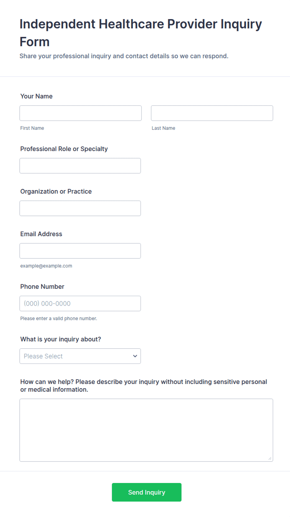 Independent Healthcare Provider Inquiry Form Template | Jotform