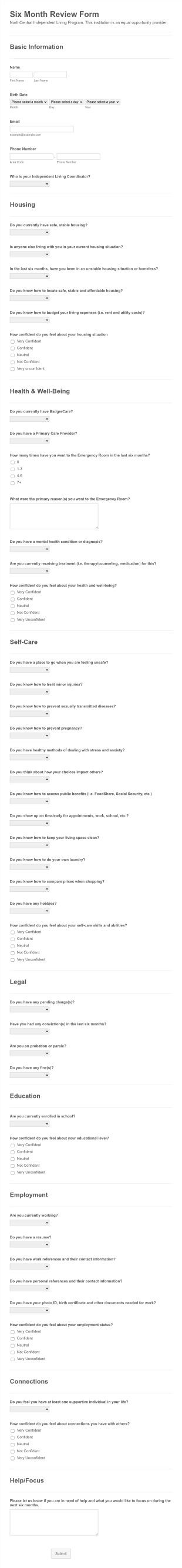 Independent Living Skills Questionnaire Form Template