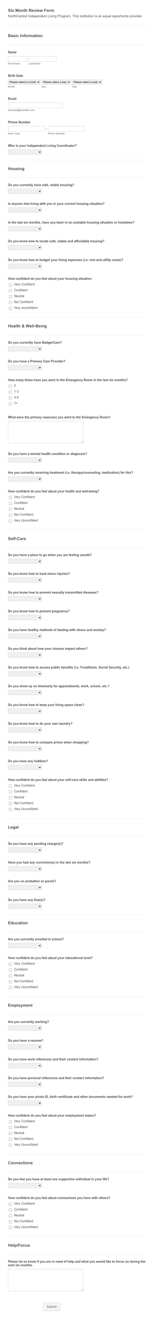 Independent Living Skills Questionnaire Form Template