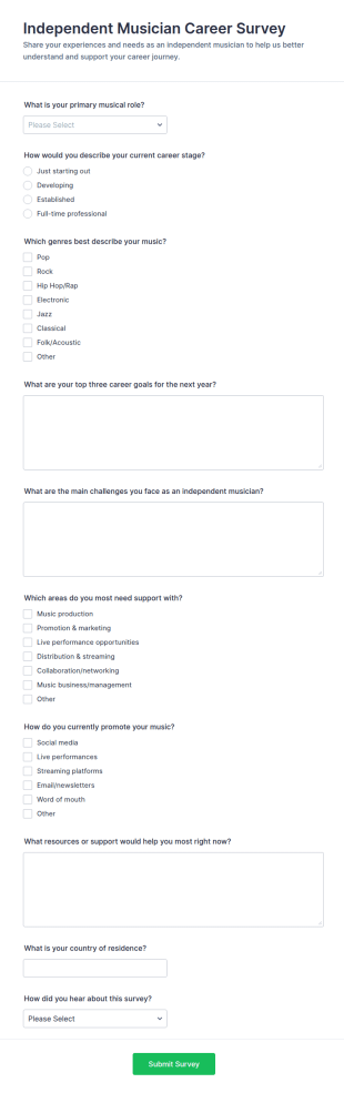 Independent Musician Career Survey Form Template