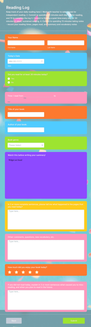 Independent Reading Log Form Template
