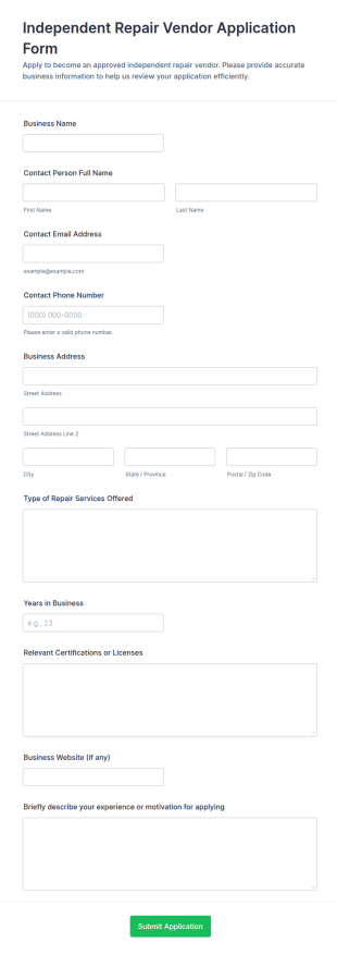 Independent Repair Vendor Application Form Template