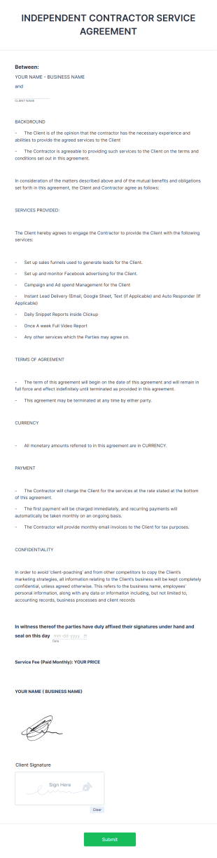 (INFINITY LEAD GEN) Independent Contractor Service Agreement Form Template