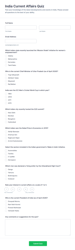 India Current Affairs Quiz Form Template