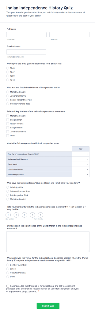 Indian Independence History Quiz Form Template