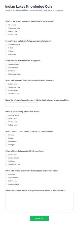 Indian Lakes Knowledge Quiz Form Template