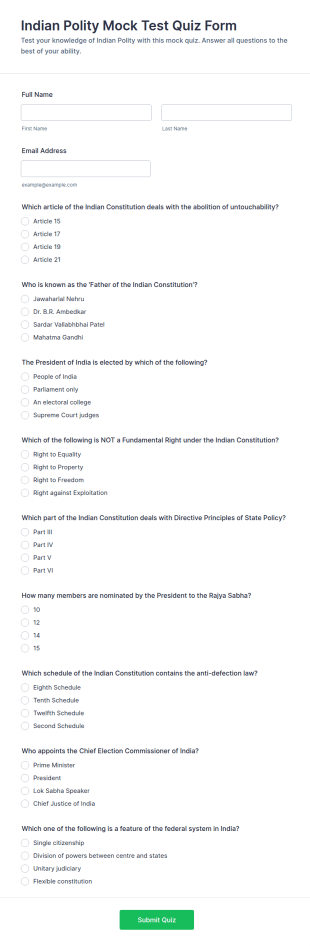 Indian Polity Mock Test Quiz Form Template