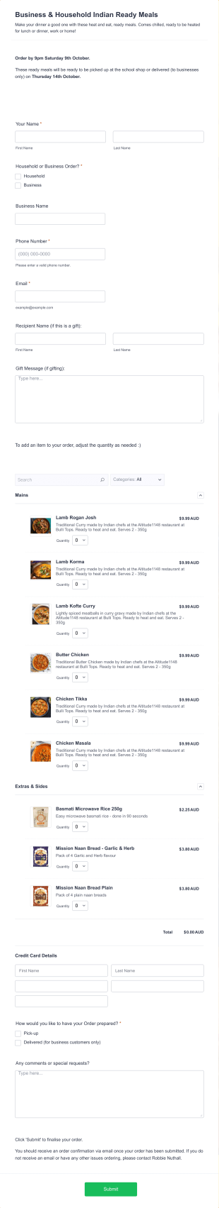 Indian Ready Meals Delivery Form Template