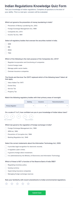 Indian Regulations Knowledge Quiz Form Template