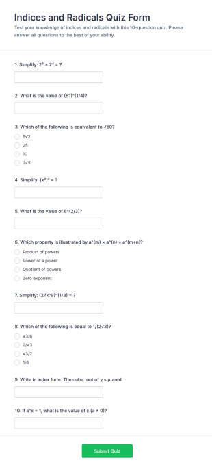 Indices And Radicals Quiz Form Template