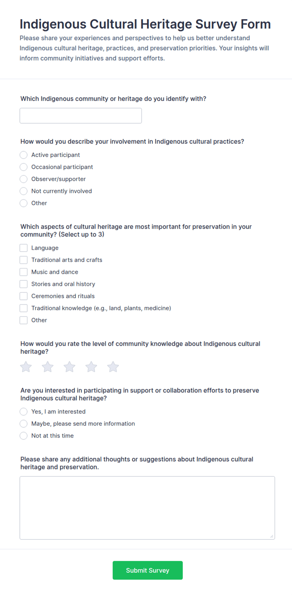 Indigenous Cultural Heritage Survey Form Template | Jotform