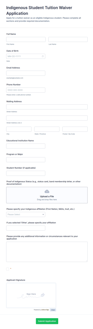 Indigenous Student Tuition Waiver Application Form Template
