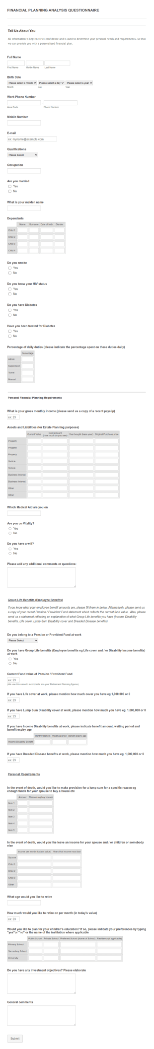 Indigo Brokers Financial Needs Analysis Questionnaire Form Template