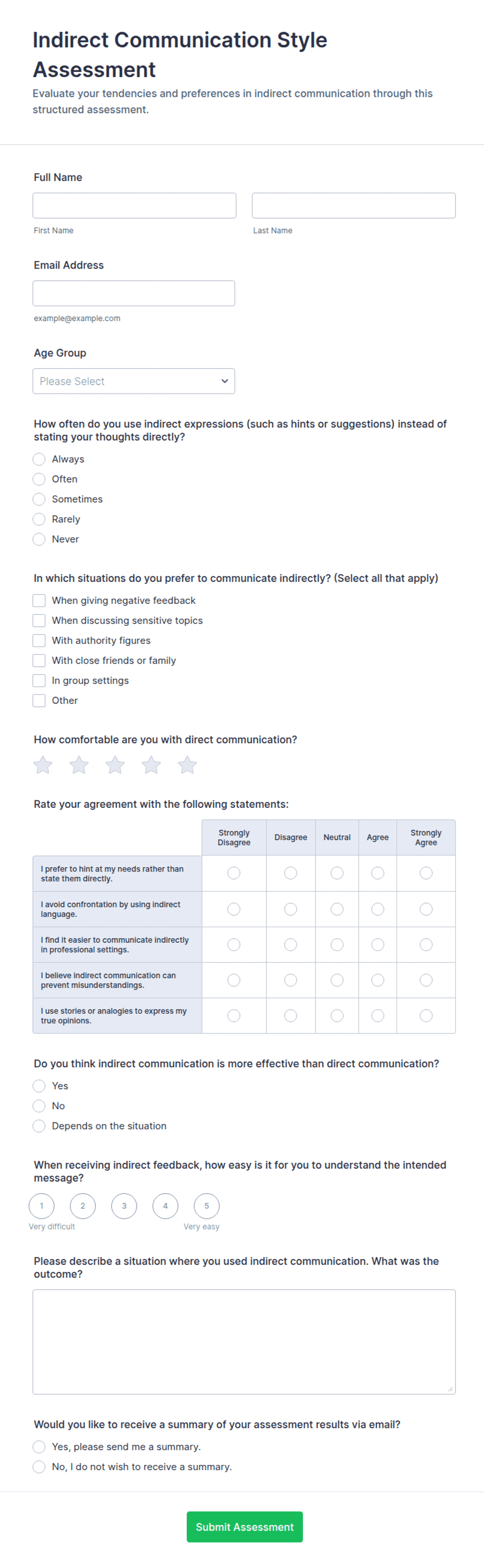Indirect Communication Style Assessment Form Template | Jotform