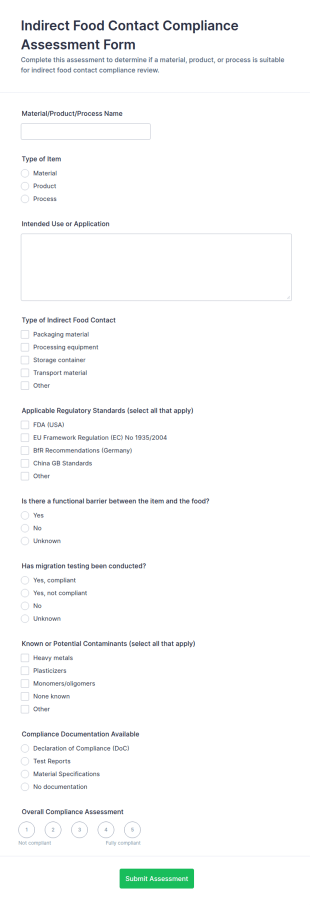 Indirect Food Contact Compliance Assessment Form Template