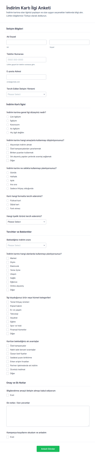 İndirim Kartı İlgi Anketi Form Şablonu
