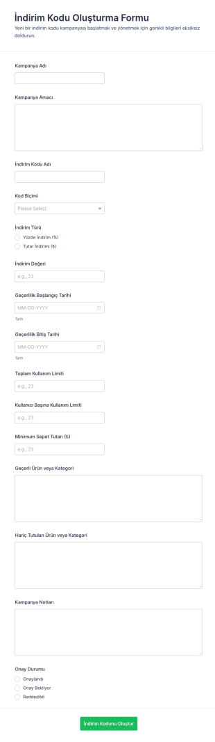 İndirim Kodu Oluşturma Form Şablonu