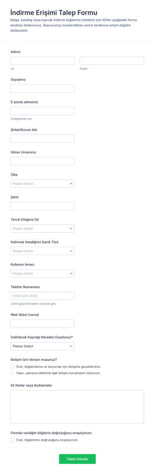 İndirme Erişim Talep Form Şablonu