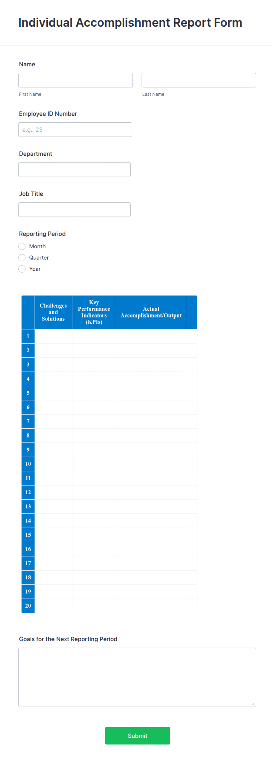 Key Accomplishment Form Individual Accomplishment Report Form Template | Jotform
