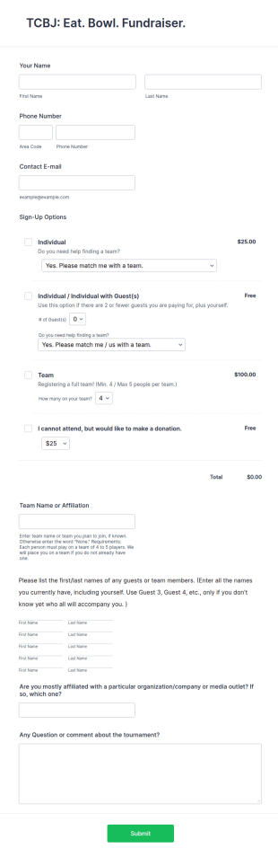 Individual And Team Event Registration Form Template