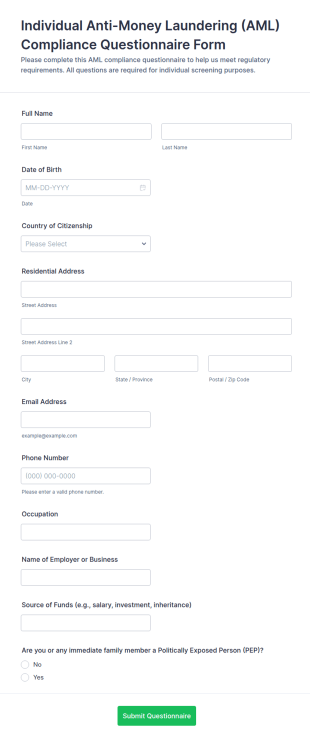 Individual Anti Money Laundering (AML) Compliance Questionnaire Form Template