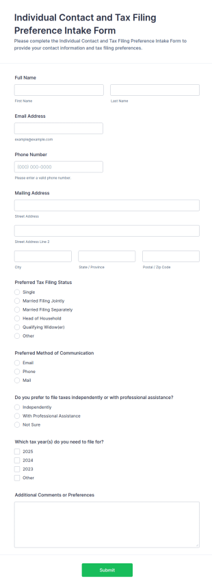 Individual Contact And Tax Filing Preference Intake Form Template