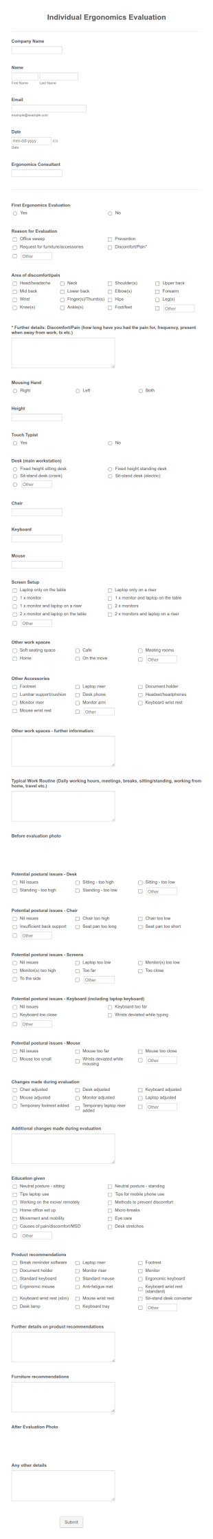 Workstation Ergonomic Assessment Form Template