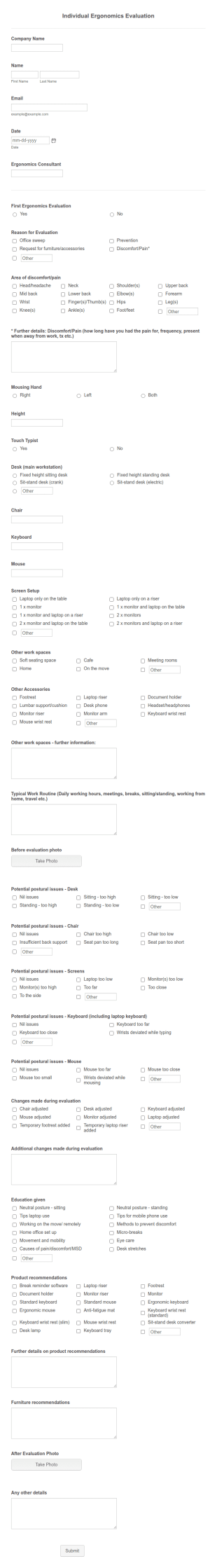 Workstation Ergonomic Assessment Form Template
