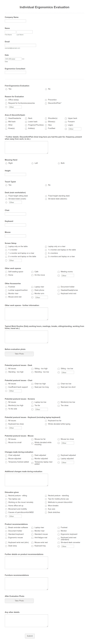 Workstation Ergonomic Assessment Form Template