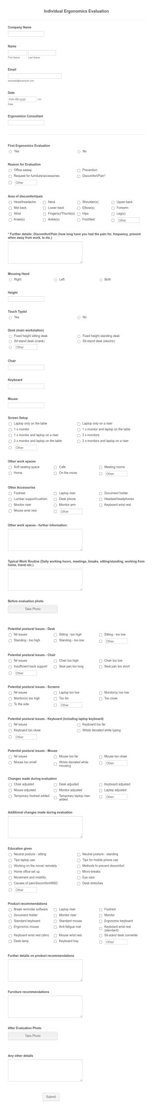 Workstation Ergonomic Assessment Form Template