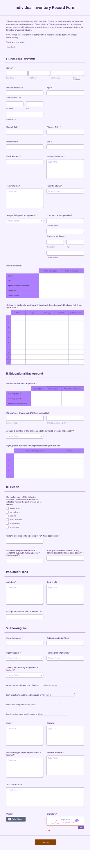Individual Inventory Record Form Template