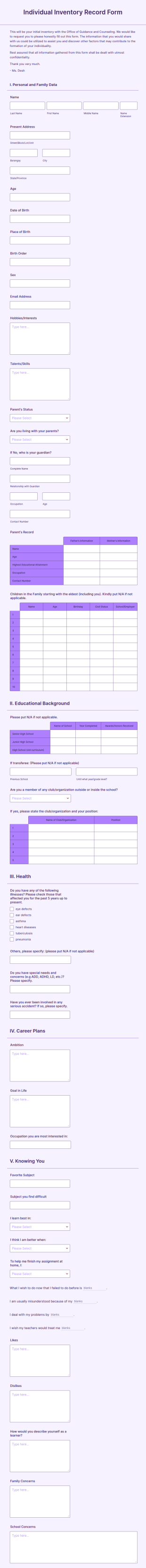 Individual Inventory Record Form Template