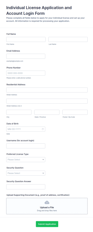 Individual License Application And Account Login Form Template