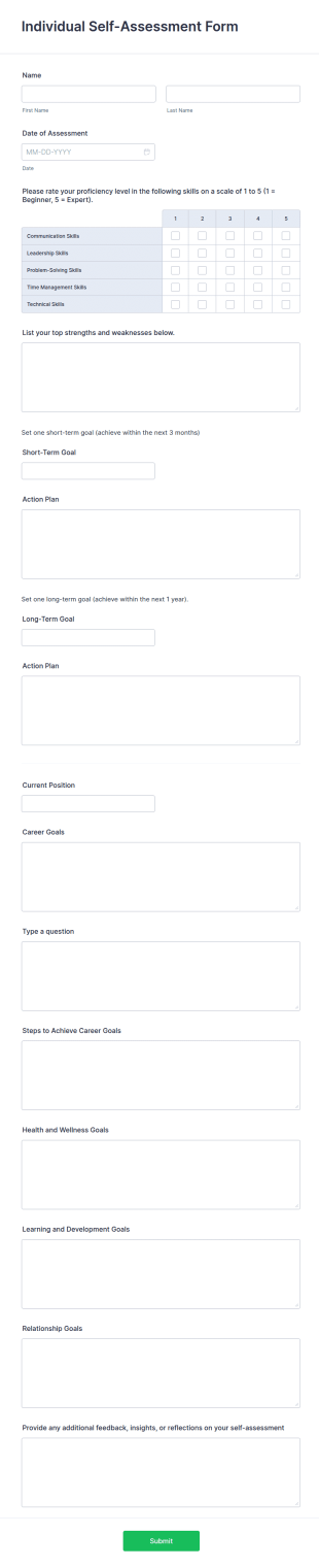 Individual Self Assessment Form Template
