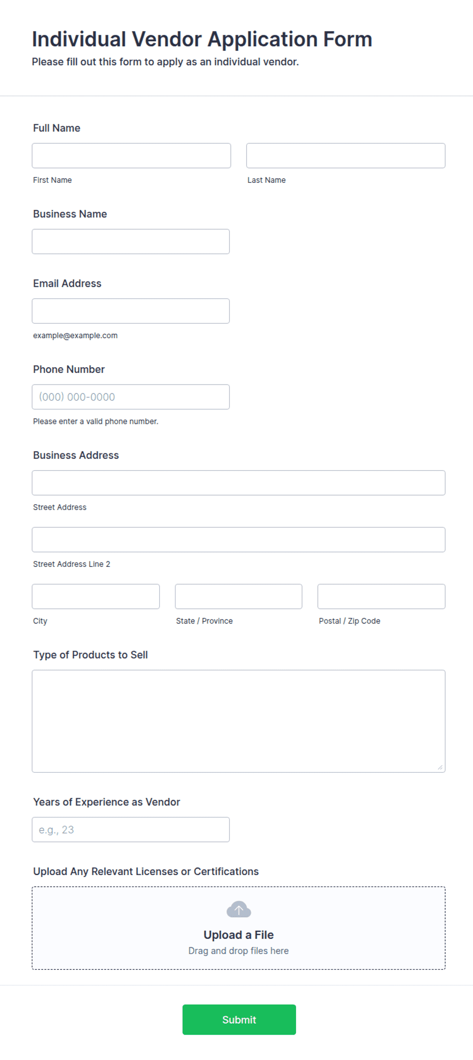 Individual Vendor Application Form Template | Jotform