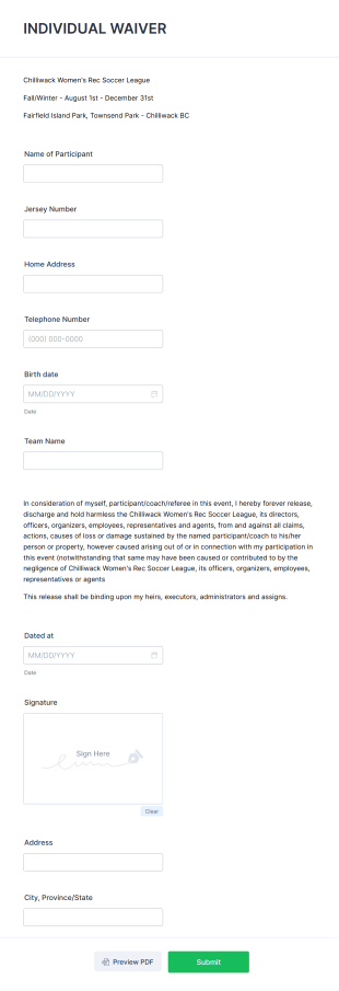 Soccer League Individual Waiver Form Template