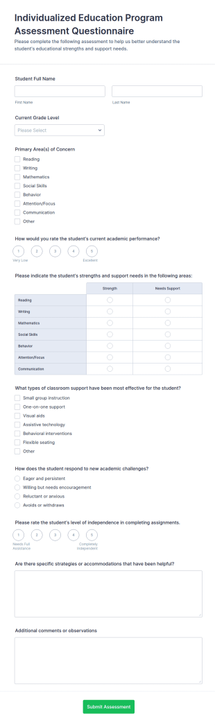 Individualized Education Program (IEP) Assessment Questionnaire Form Template