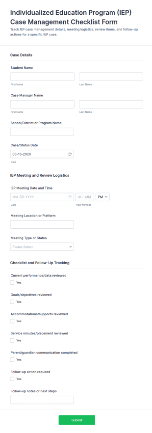 Individualized Education Program (IEP) Case Management Checklist Form Template